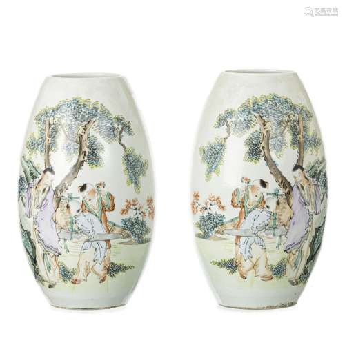 Pair of chinese porcelain figural ovoid vases