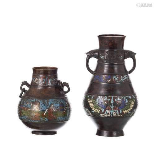 Two Japanese cloisonné figural bronze vases