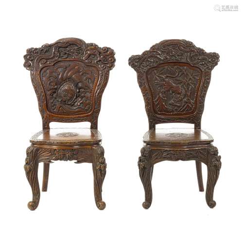 Pair of carved wooden chairs, Japan