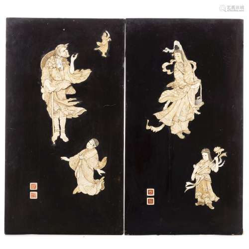Pair of Japanese lacquered wood inlaid figural panels