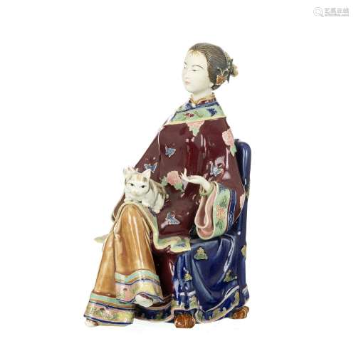 Chinese porcelain 'lady holding cat 'sculpture