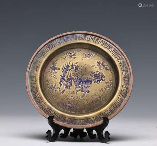 A KYLIN AND EIGHT TREASURES MOTIF BRASS TRAY