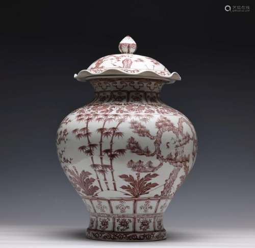 HONGWU PERIOD OF MING DYNASTY UNDERGLAZE RED LIDDED JAR