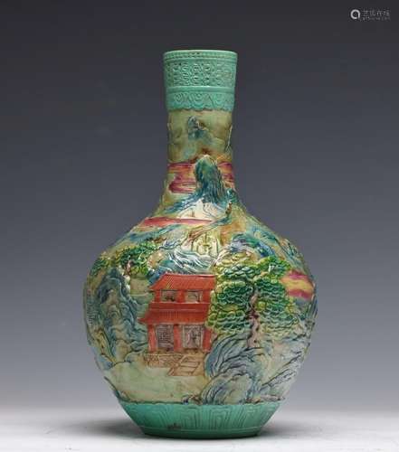 LATE QING TURQUOISE GREEN ENGRAVED CELESTIAL VASE