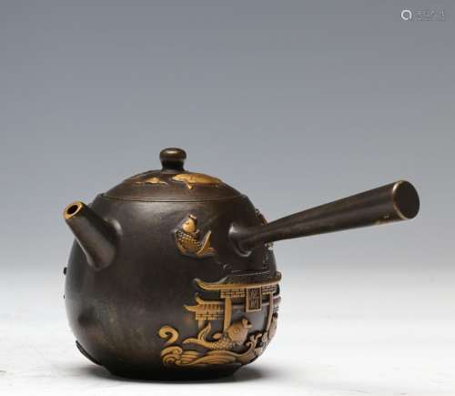 A BRONZE LONG-STALKED 'CARP' TEAPOT