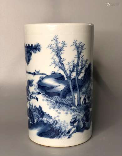 LATE QING, BLUE AND WHITE LANDSCAPE BRUSH POT