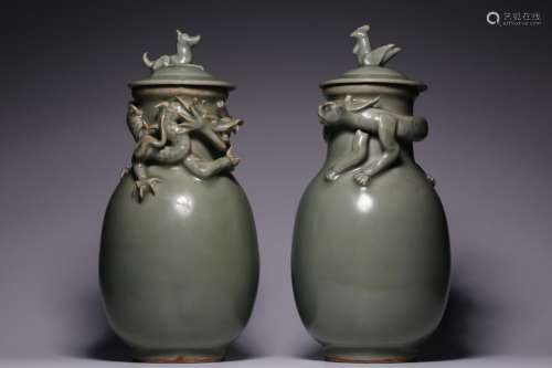 QING, LONGQUAN WARE VASES & APPLIED COILED DRAGONS