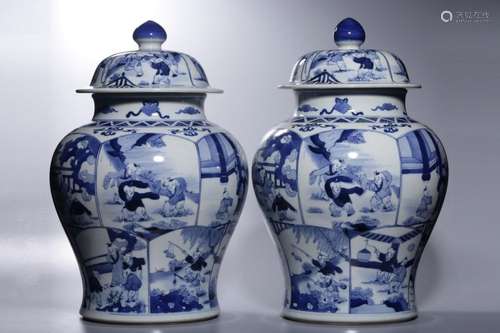 QING, PAIR OF BLUE AND WHITE GENERAL HELMET JARS