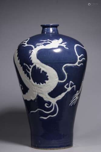 MING, BLUE GLAZED WHITE DRAGON MEIPING VASE