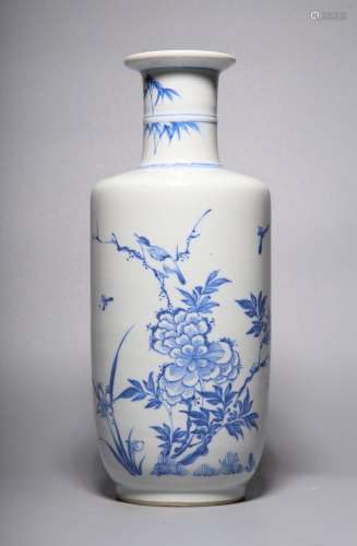 QING, BLUE AND WHITE BIRD & FLOWER' ROULEAU VASE