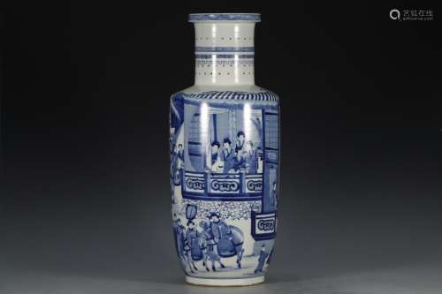 QING, LARGE BLUE & WHITE CANTON FLOOR ROULEAU VASE