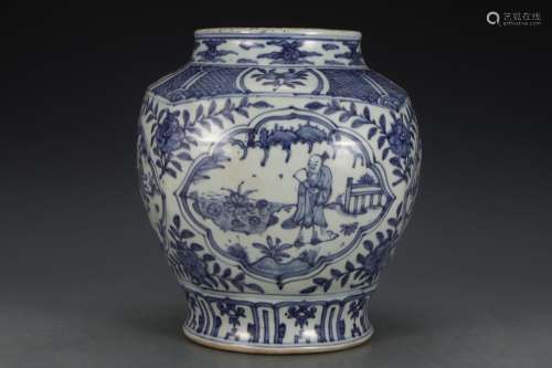 QING, BLUE AND WHITE OPEN FACE FIGURES JAR
