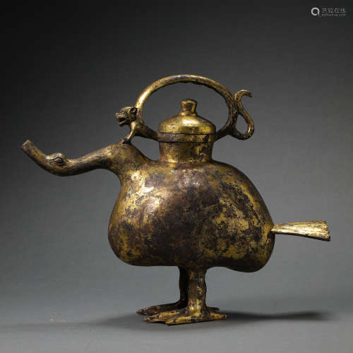 CHINESE GILT BRONZE DUCK POT DURING THE WAR AND HAN DYNASTIE...