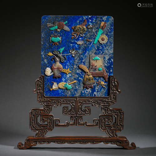 CHINESE QING DYNASTY RED SANDALWOOD LAPIS LAZULI INLAID DUOB...