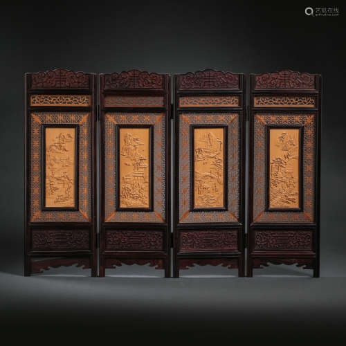 CHINESE QING DYNASTY RED SANDALWOOD INLAID BOXWOOD SCREEN OR...
