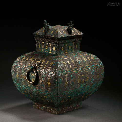 CHINA'S WAR AND HAN DYNASTY BRONZE VASE WITH GOLD AND SILVER...