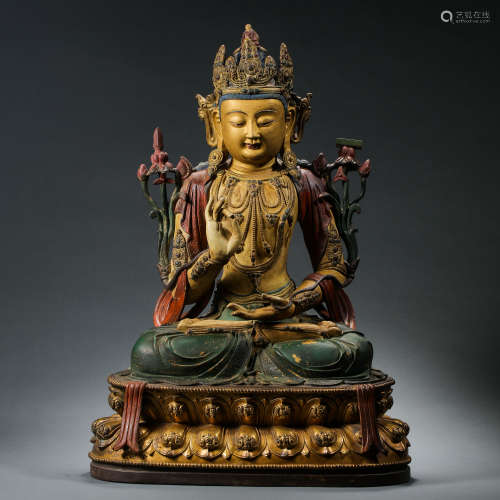 CHINESE MING DYNASTY GILT BRONZE AND PAINTED BUDDHA SEATED S...