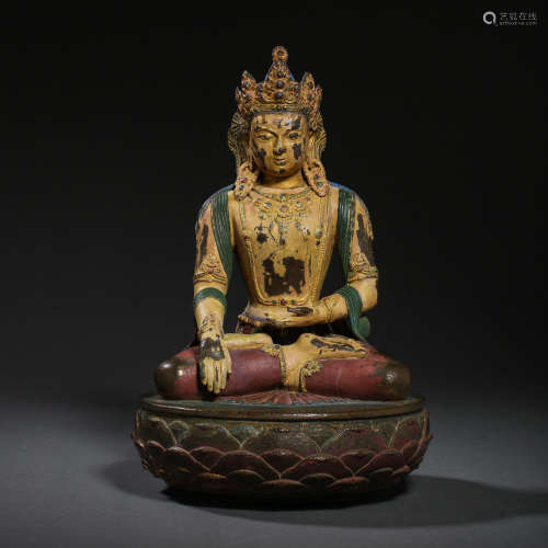 CHINESE MING DYNASTY BRONZE PAINTED BUDDHA SEATED STATUE