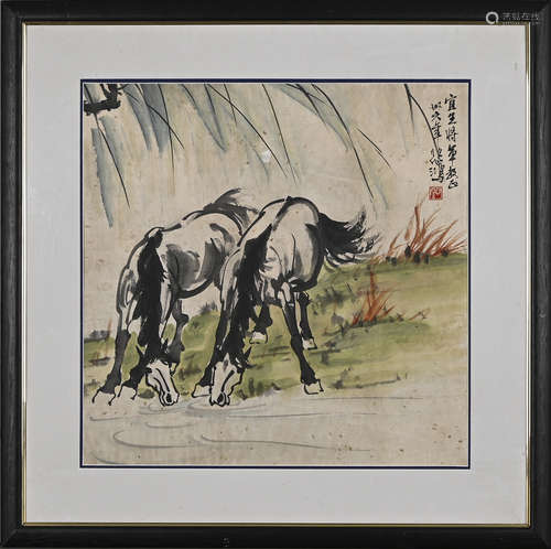 徐悲鴻（雙馬飲泉圖）紙本實木鏡框