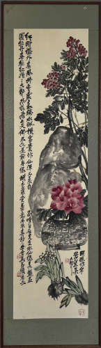 吳昌碩（花卉圖）紙本老實木鏡框