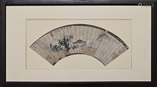 元代 管道升（趙孟頫之妻）（山水扇面圖）紙本實木鏡框；自然殘破