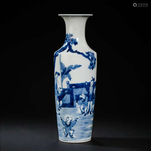 CHINESE QING DYNASTY KANGXI BLUE AND WHITE CHARACTER VASE