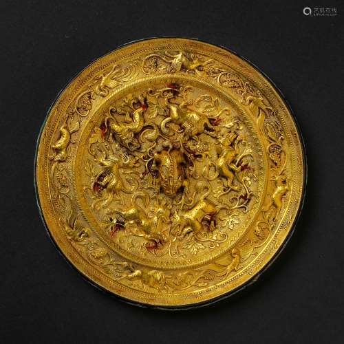 7TH CENTURY CHINESE TANG DYNASTY PURE GOLD SEA BEAST MIRROR