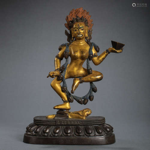 18TH CENTURY CHINA QING DYNASTY QIANLONG BRONZE PARTIALLY GI...