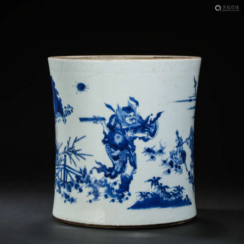 17TH CENTURY CHINESE CHONGZHEN BLUE AND WHITE FIGURE BRUSH H...