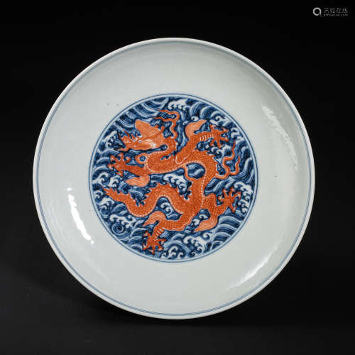 CHINESE QING DYNASTY BLUE AND WHITE DRAGON PLATE