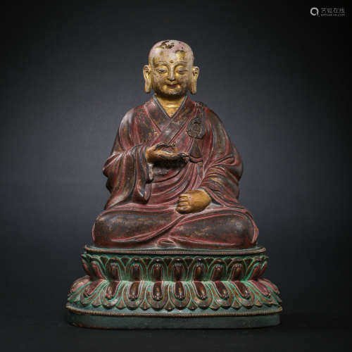 CHINESE MING DYNASTY GILT BRONZE AND PAINTED SEATED BUDDHA S...
