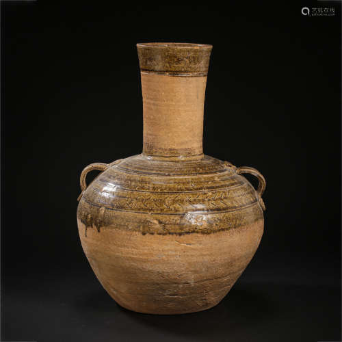 CHINESE HAN DYNASTY POTTERY TWIN-EARED FLASK