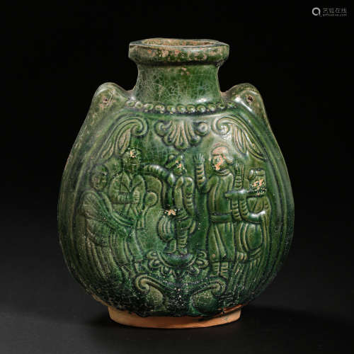 7TH CENTURY CHINESE TANG DYNASTY GREEN GLAZED FIGURE FLAT PO...