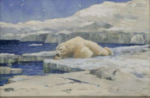 Heims, Ernst M. Eisbär auf Eisscholle. 1918. Aquar…
