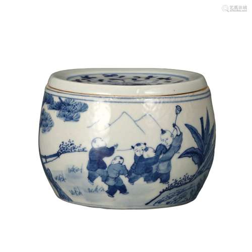 A BLUE AND WHITE 'BOYS AT PLAY' JAR