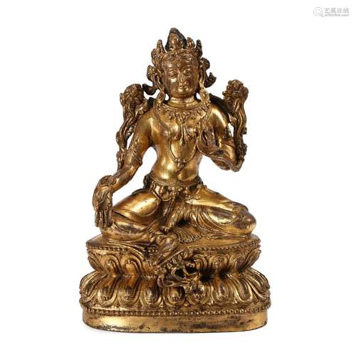 A GILT-BRONZE FIGURE OF A SEATED TARA