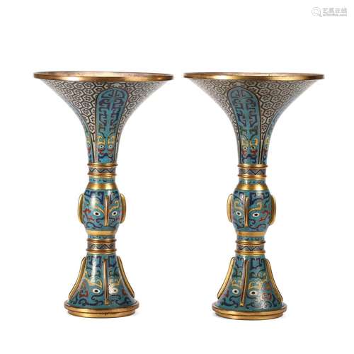 A PAIR OF CLOISONNE ENAMEL BEAKER VASES