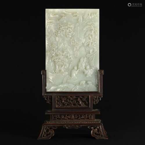 A WHITE JADE TABLESCREEN AND WOODEN STAND