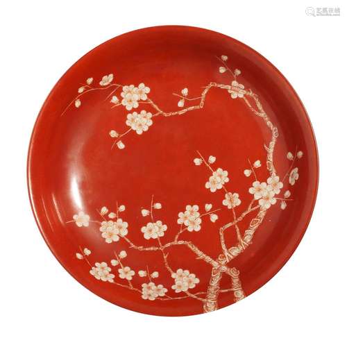 A RED-GLAZED 'PRUNUS' DISH