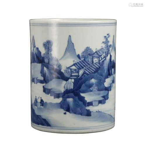 A BLUE AND WHITE 'LANDSCAPE AND FIGURES' BRUSHPOT