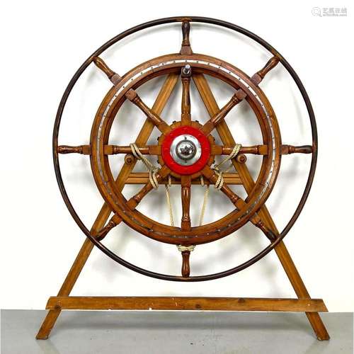 LARGE ANTIQUE SHIP S WHEEL IN CUSTOM DISPLAY EASEL. MARINE I...