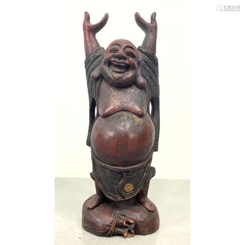 LARGE CARVED WOOD BUDDHA JOLLY HOTEI FIGURE SCULPTURE. PAINT...