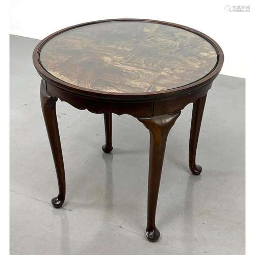 HEKMAN FURNITURE PARQUET TOP ROUND SIDE TABLE. QUEEN ANNE LE...