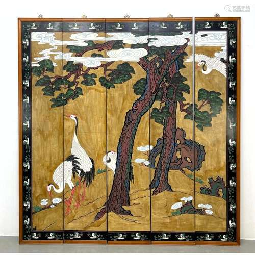 FIVE PANEL ASIAN CARVED WOOD FOLDING SCREEN. ROOM DIVIDER. E...