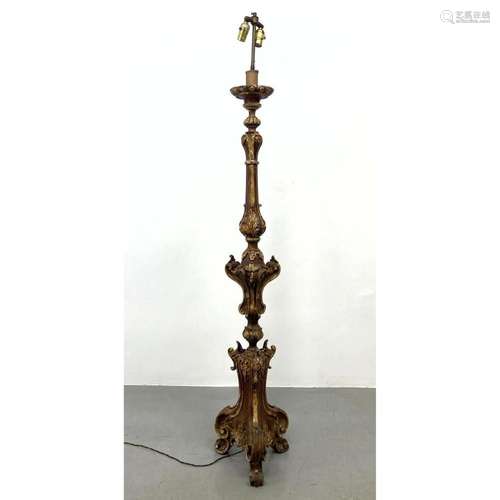 GESSOED CARVED WOOD PRICKET FLOOR LAMP.