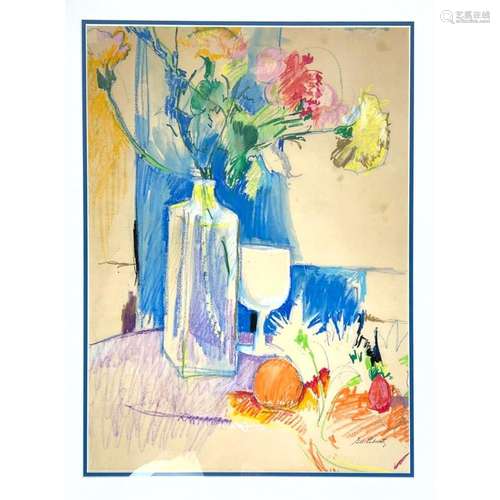 G.H. LIEBOVITZ PASTEL DRAWING. COLORFUL STILL LIFE WITH FLOW...