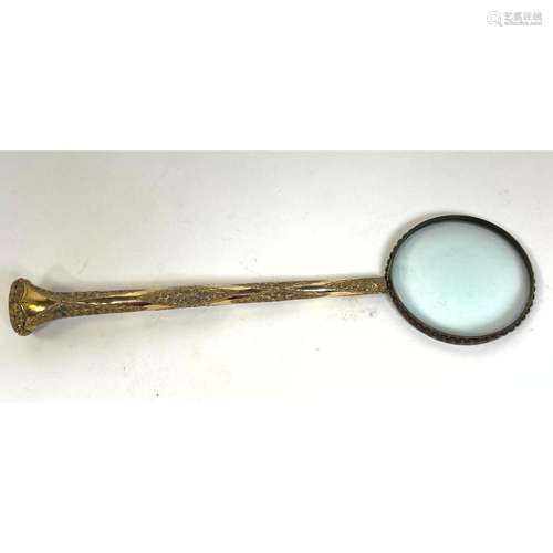 ANTIQUE METAL HANDLED MAGNIFYING GLASS. MARKS. MONOGRAMMED