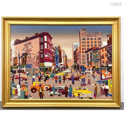 PRINTED ON CANVAS URBAN CITY ART. DOWNTOWN SCENE WITH TAXI C...