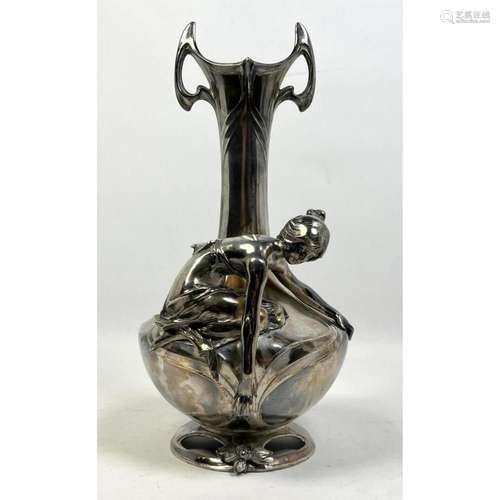 ART NOUVEAU SILVER PLATE BASE METAL VASE. FIGURAL FEMALE.