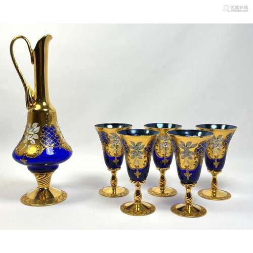 6PC BOHEMIAN ART GLASS DECANTER DRINK SET. COBALT BLUE GLASS...